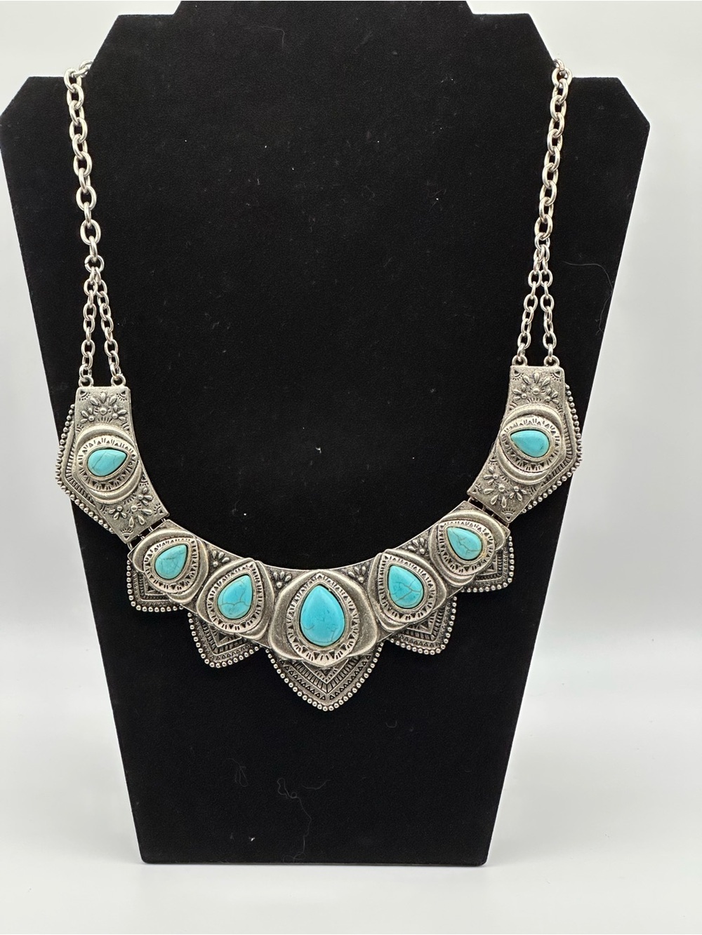 Turquoise Teardrop Statement Necklace - Silver Tone